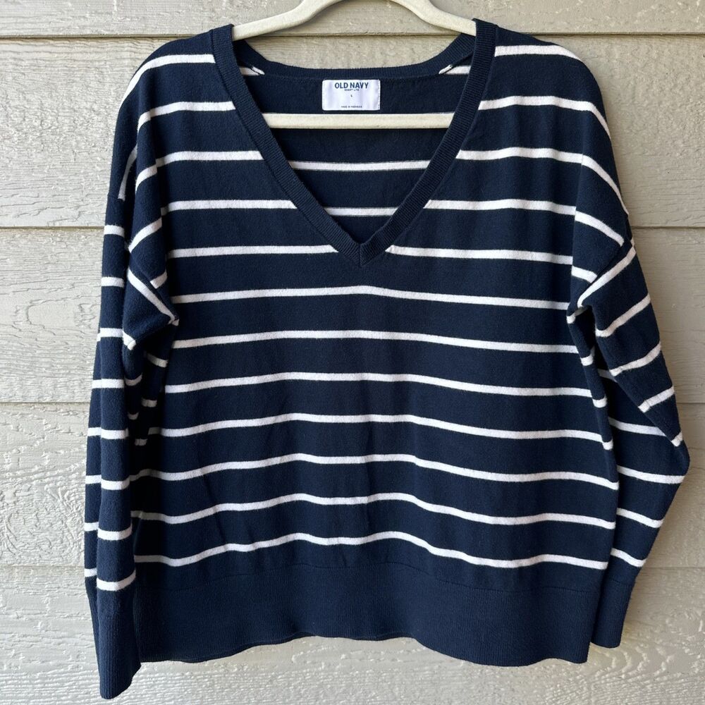 Old Navy Women's Large Striped V-Neck Sweater Navy White Coastal Nautical Preppy